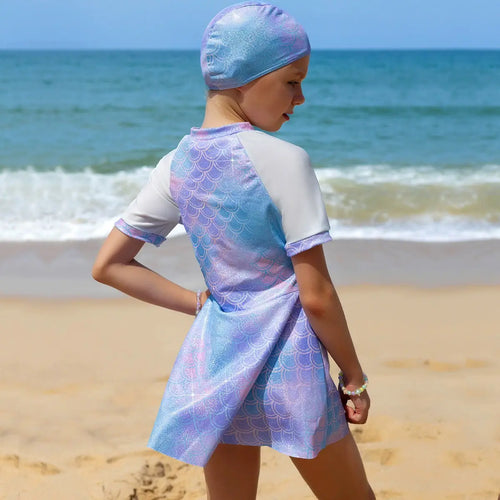 Girls Blue Mermaid Printed Fit And Flared Dress With Shorts Sets Sets