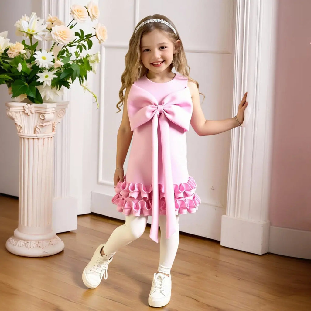 Girls Pink Sleeveless Large Bow Applique A-line Party Wear Dress Party Dresses
