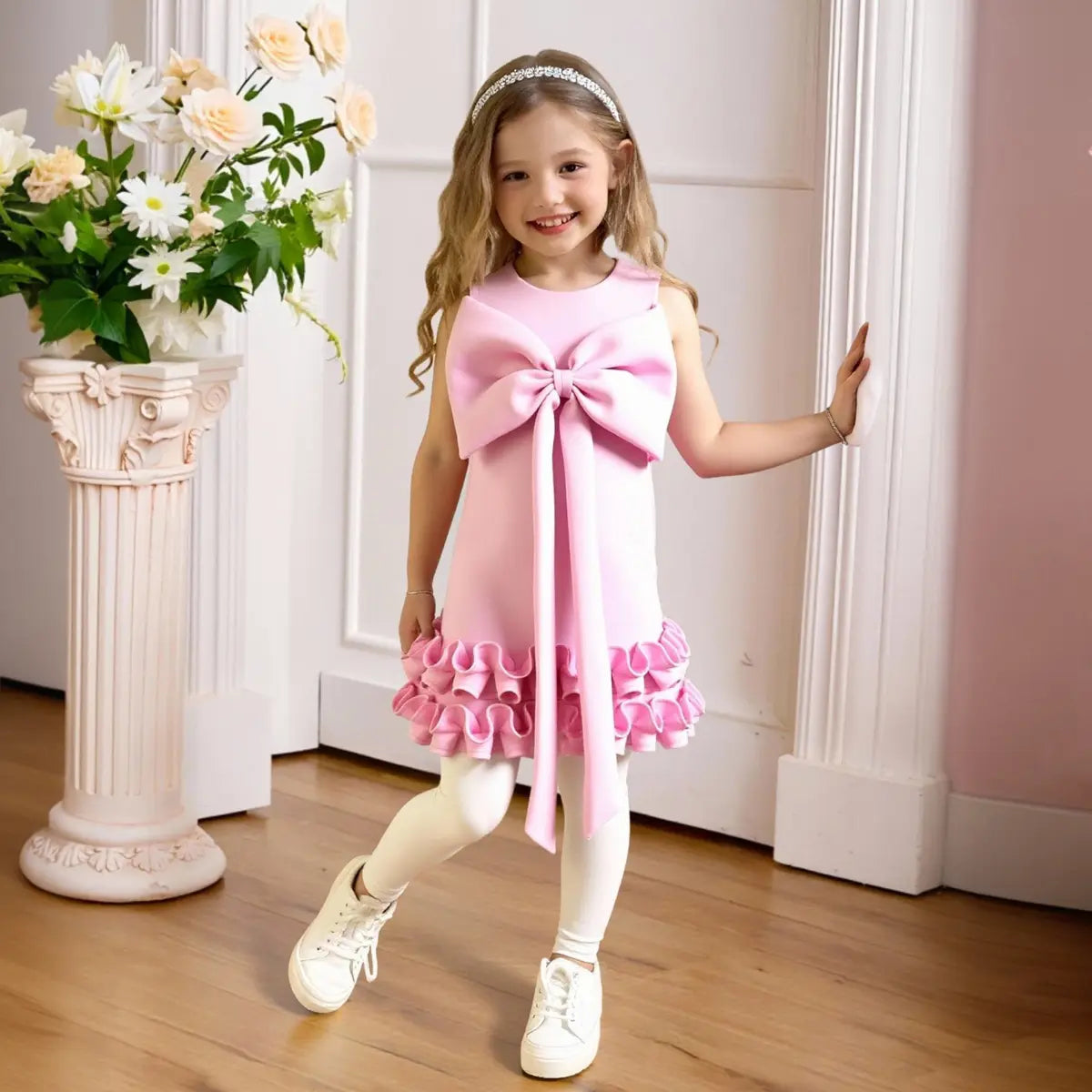 Girls Pink Sleeveless Large Bow Applique A-line Party Wear Dress Party Dresses