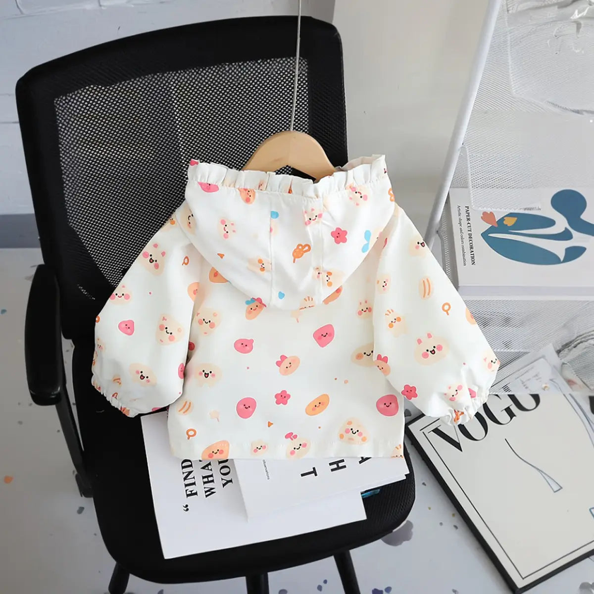 Girls Apricot Abstract Printed Hooded Zipper Jacket Coats & Jackets