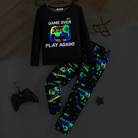 Boys Black Gaming Printed Glow in the Dark T-Shirt with Pajama Set 2 pc. Sets Black 3-4 Y
