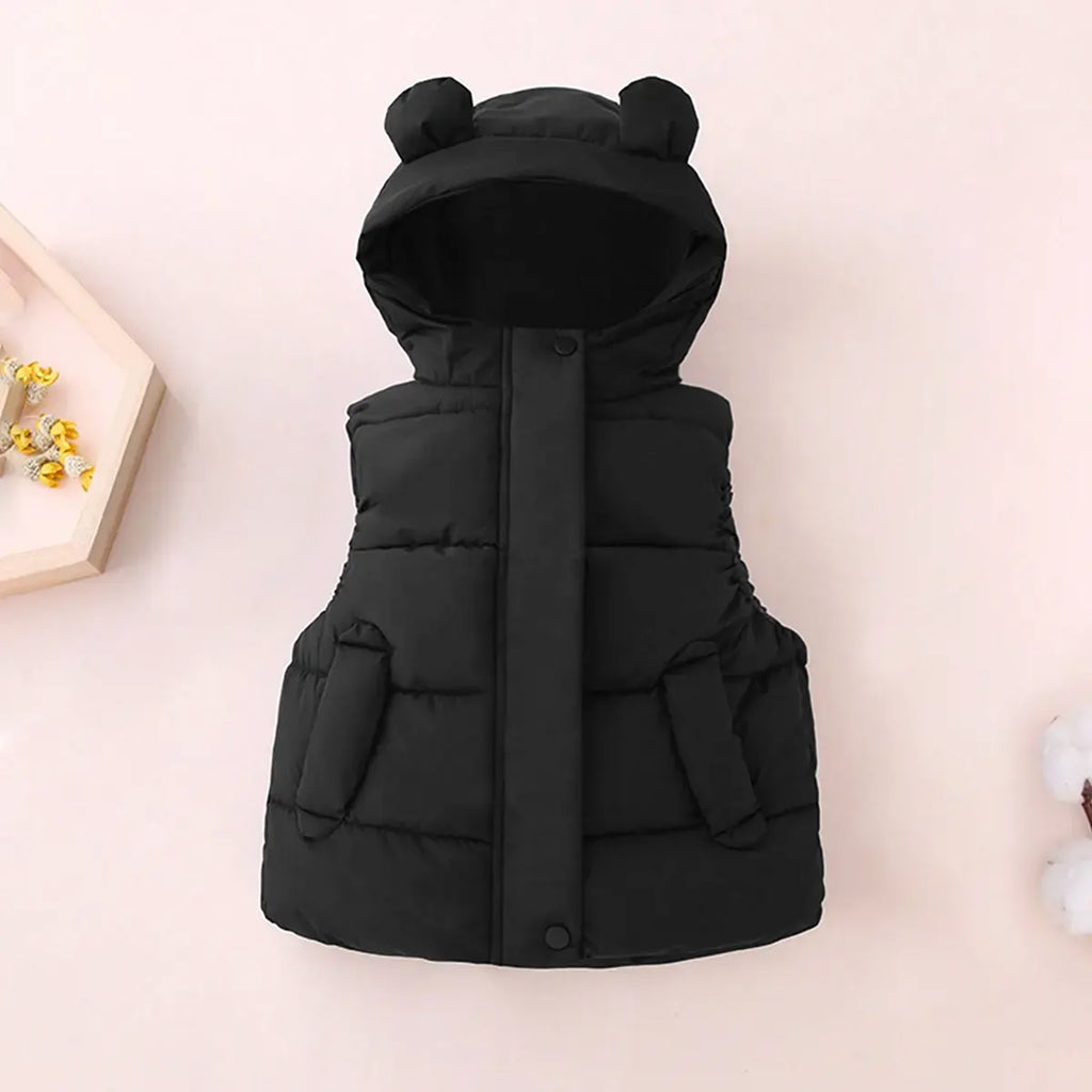 Girls Black Sleeveless Bear Ear On Hood Quilted Zip-up Jacket Coats & Jackets Black 1-2 Y