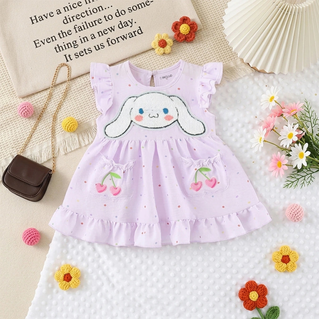 Girls Purple Bunny Applique Fit & Flare Dress With Polka Dot Print Casual Dresses Purple 1-2 Y
