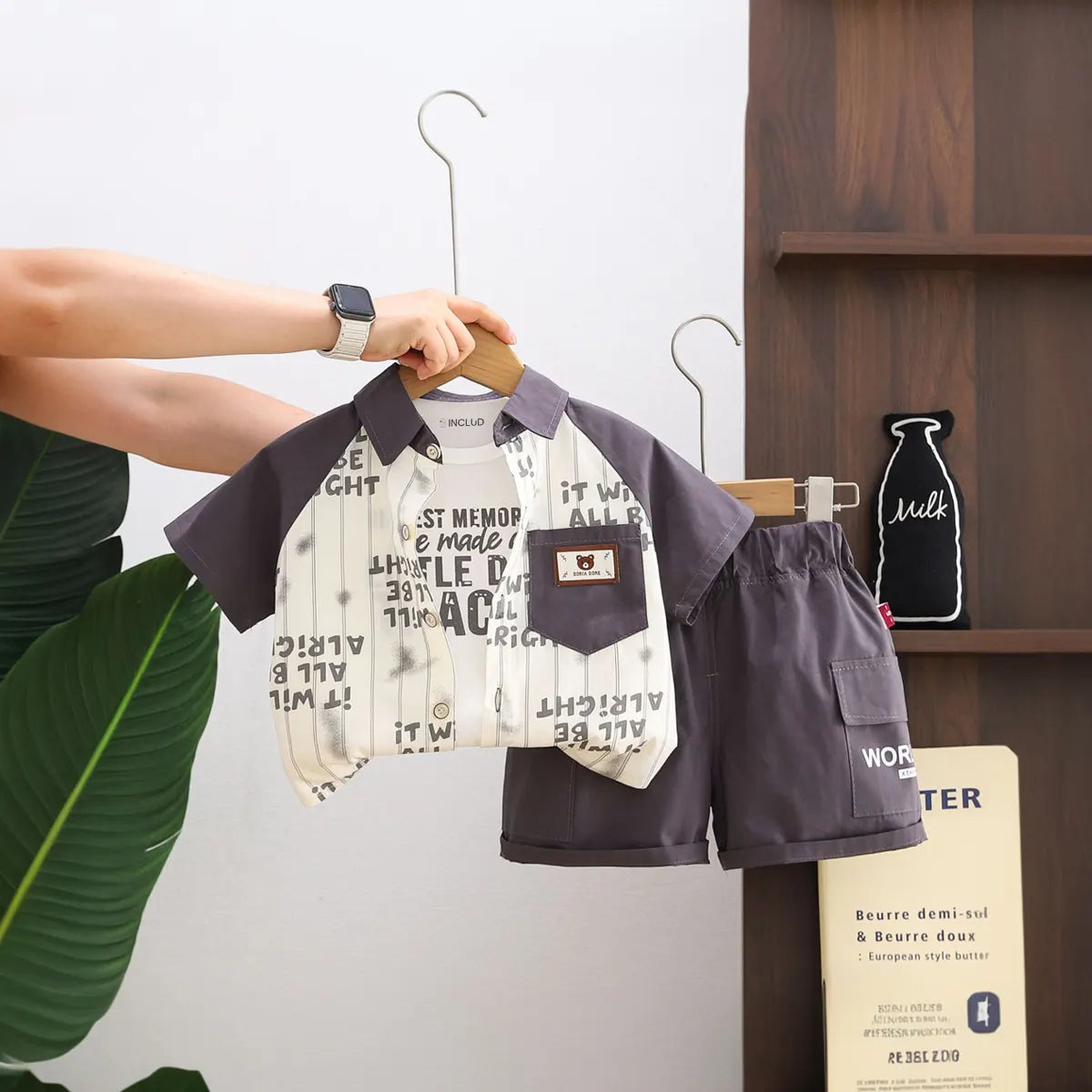 Boys Dark Grey Typographic Print Shirt With T-Shirt & Shorts Set Sets Dark Grey 1-2 Y