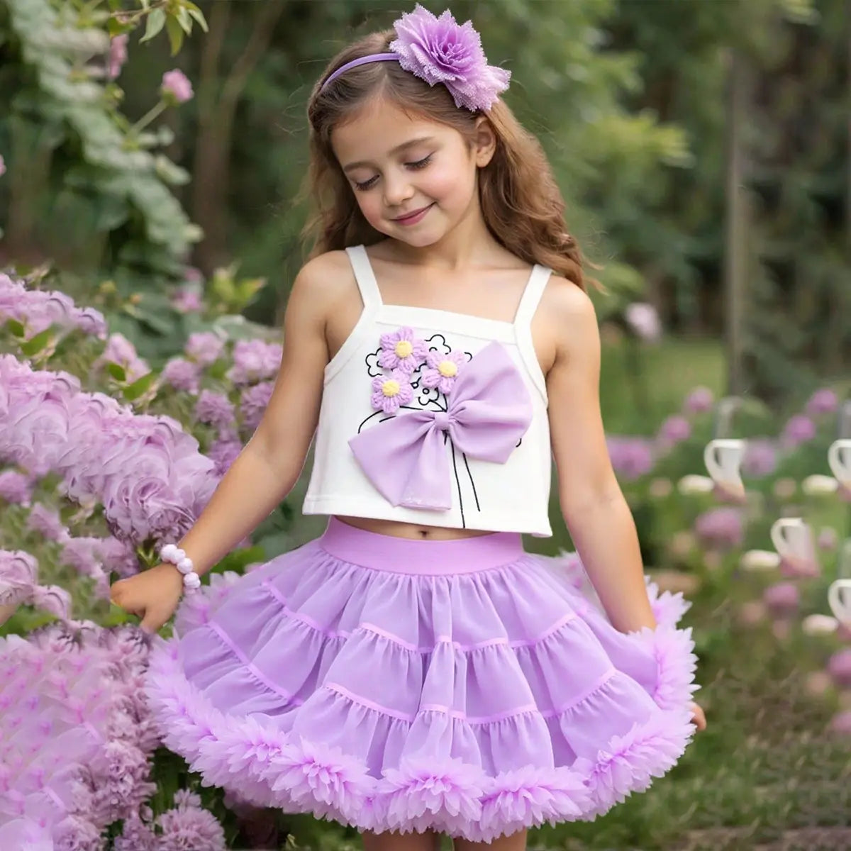 Girls Purple Flower Applique Crop Top With Skirt Sets Sets