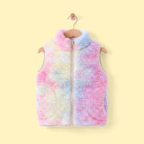 Girls Multicolor Tie-Dye Printed Fleece Front Zipper Sleeveless Winter Jacket