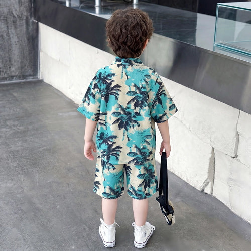 Boys Green Tropical Palm Print Shirt With Shorts Sets 2 pc. Sets