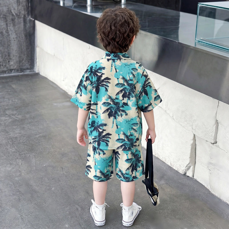 Boys Green Tropical Palm Print Shirt With Shorts Sets 2 pc. Sets