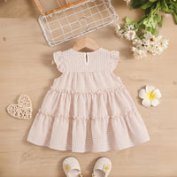 Girls Light Pink Checkered Tiered Flutter Sleeve Dress Casual Dresses