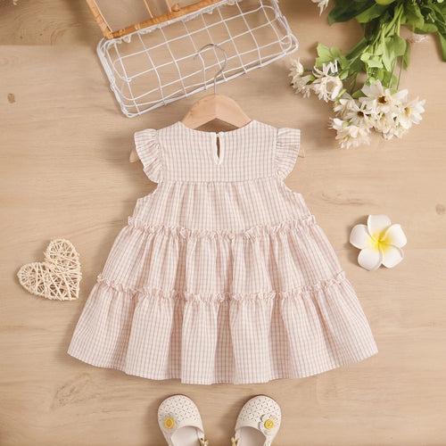 Girls Light Pink Checkered Tiered Flutter Sleeve Dress Casual Dresses