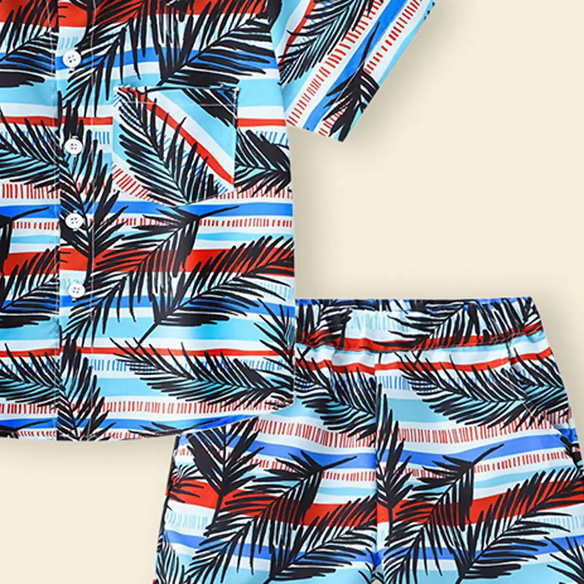 Boys Sky Blue Tropical Print Button-Down Shirt With Shorts & Hat Co-ord Sets Sets