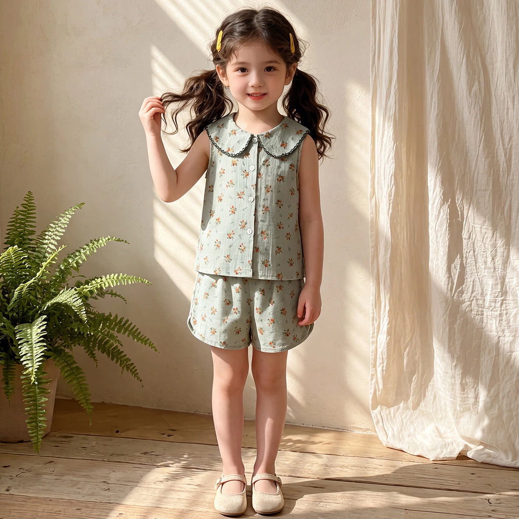 Girls Green Floral Print Peter Pan Collar Top With Shorts Sets 2 pc. Sets