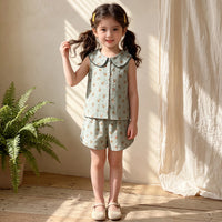 Girls Green Floral Print Peter Pan Collar Top With Shorts Sets 2 pc. Sets