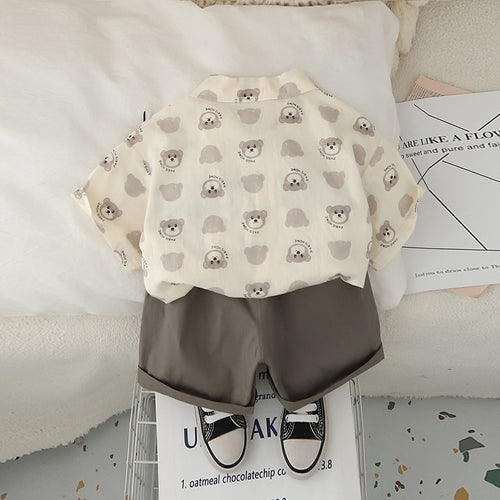 Boys Dark Grey Printed Short Sleeves Contrast Flap Shirt With Shorts Set 2 pc. Sets