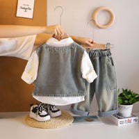 Boys Blue Light Wash Denim Vest With Shirt And Denim Trousers Sets 3 pc. Sets