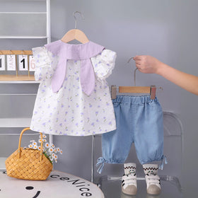 Girls Purple Floral Print Bunny Applique Top With Denim Shorts Set Sets