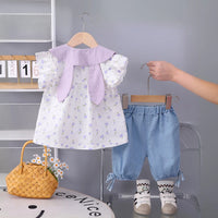 Girls Purple Floral Print Bunny Applique Top With Denim Shorts Set Sets