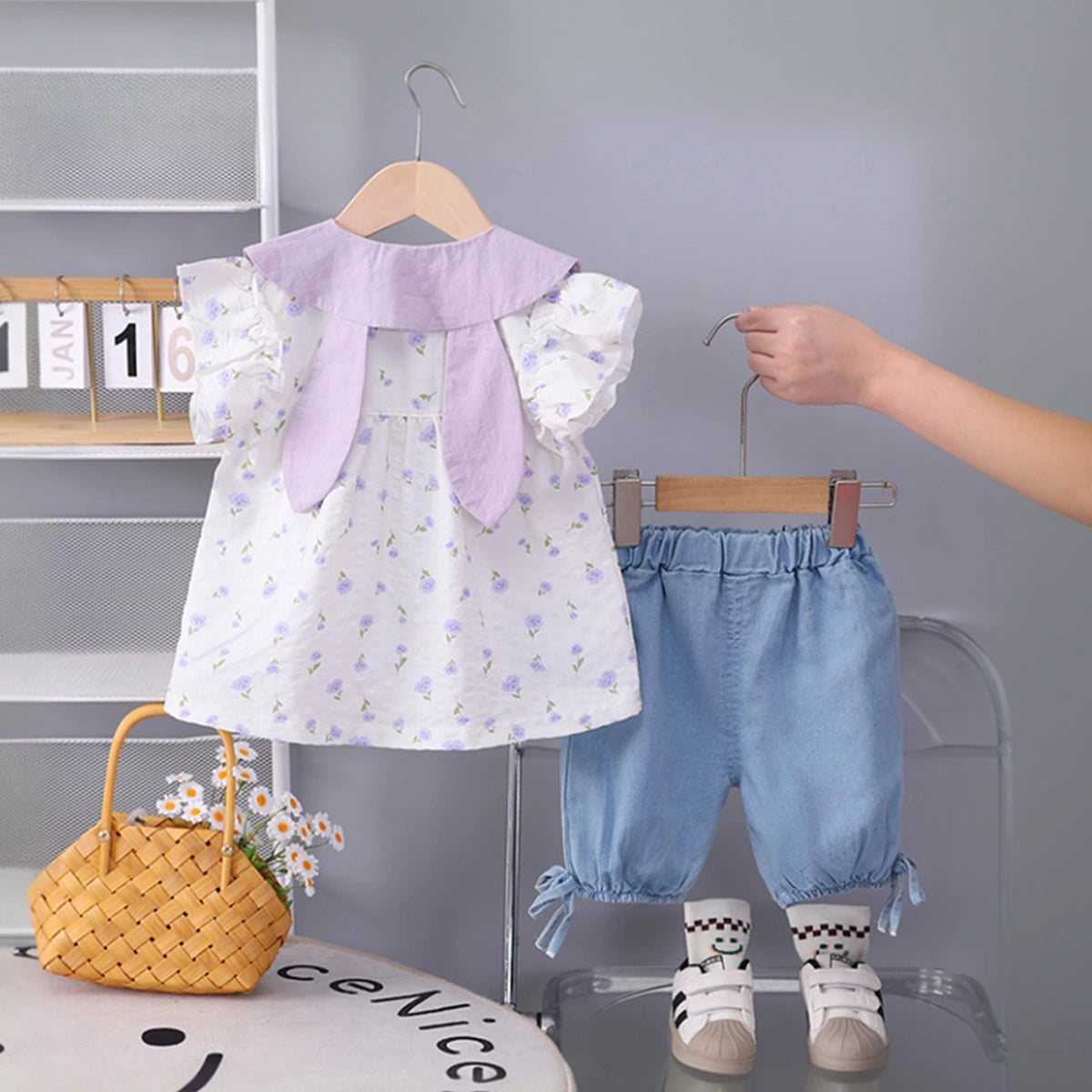 Girls Purple Floral Print Bunny Applique Top With Denim Shorts Set Sets
