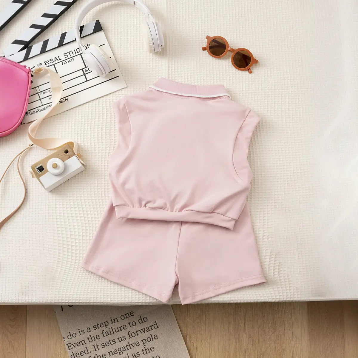 Girls Pink Bow Embroidered Sleeveless Polo Top With Shorts Co-ord Sets Sets