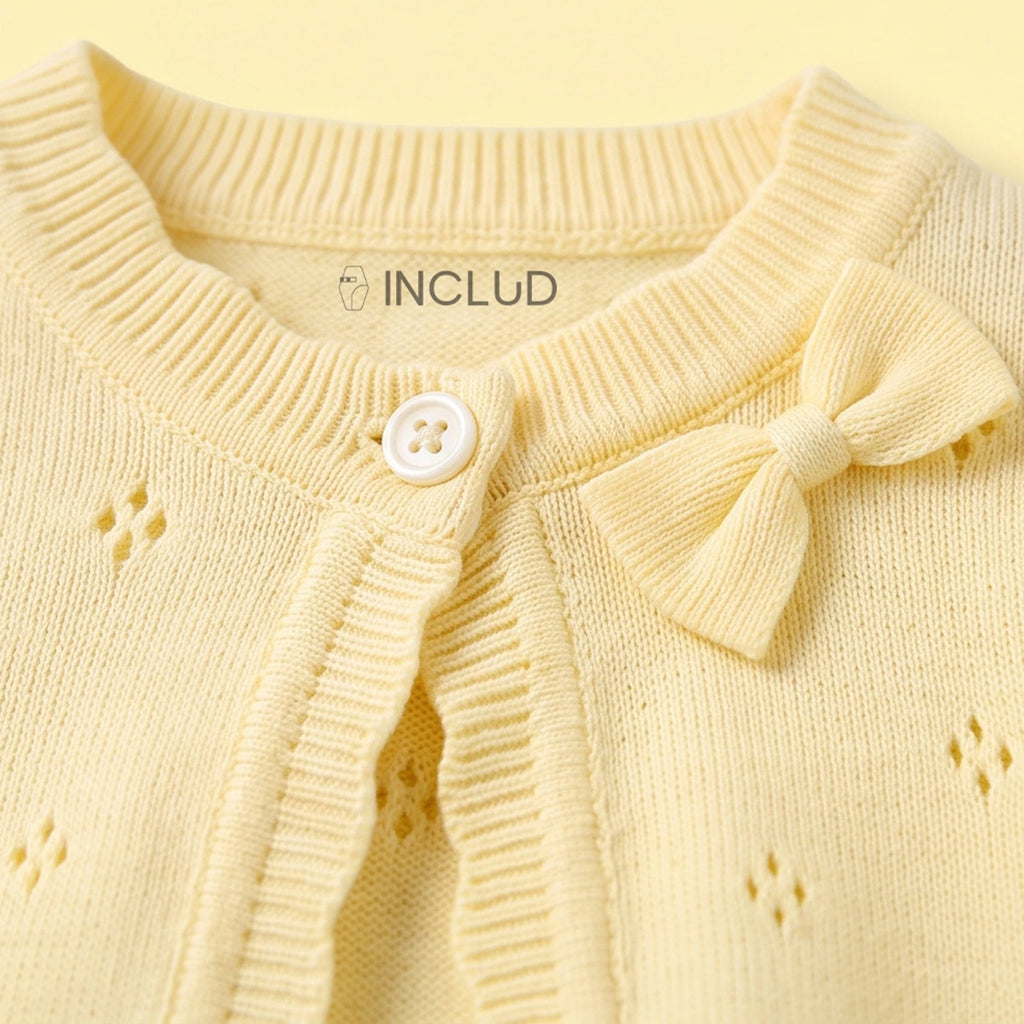 Girls Yellow Eyelet Bow Applique Cardigan Sweaters & Cardigans