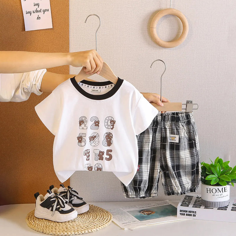 Boys White Numbers Printed T-Shirt With Checked Shorts Sets Sets White 1-2 Y