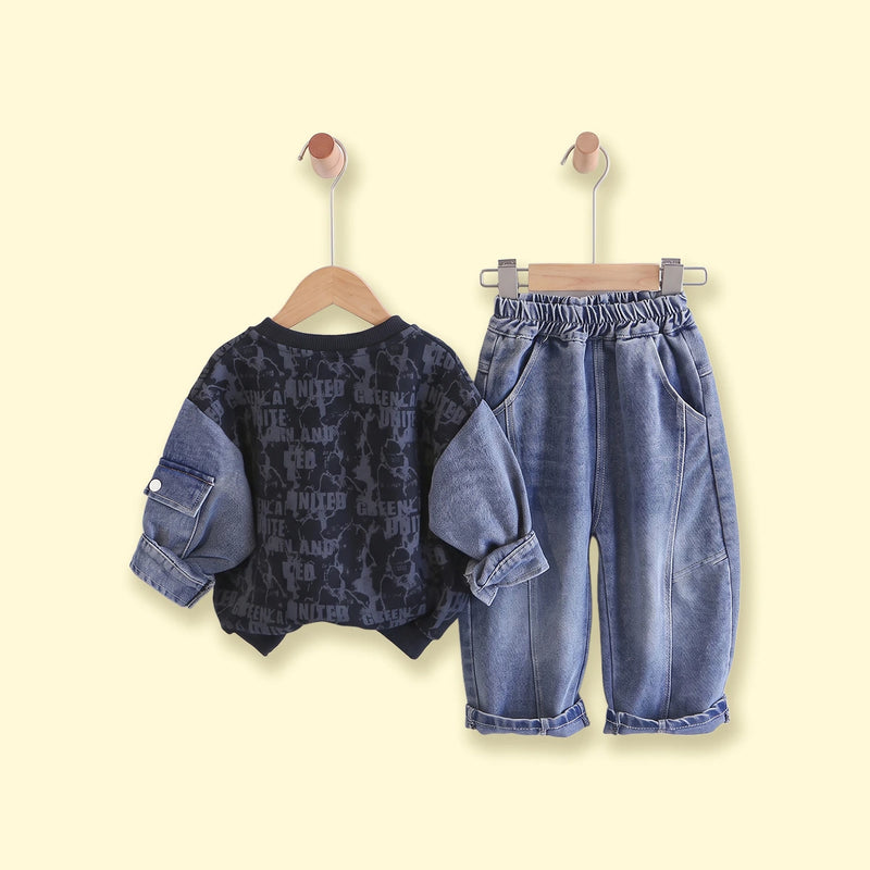 Boys Navy Blue Typography Sweatshirt With Denim Pants Sets 2 pc. Sets