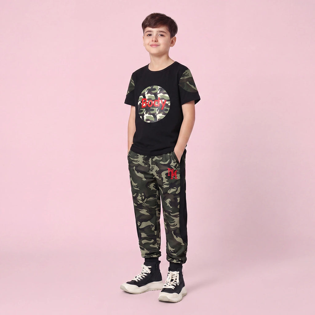 Boys Black Camouflage Print Short Sleeve T-Shirt With Pants Sets 2 pc. Sets Black 3-4 Y