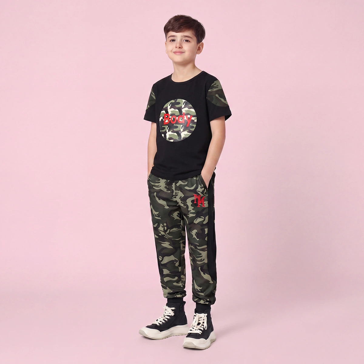 Boys Black Camouflage Print Short Sleeve T-Shirt With Pants Sets 2 pc. Sets Black 3-4 Y