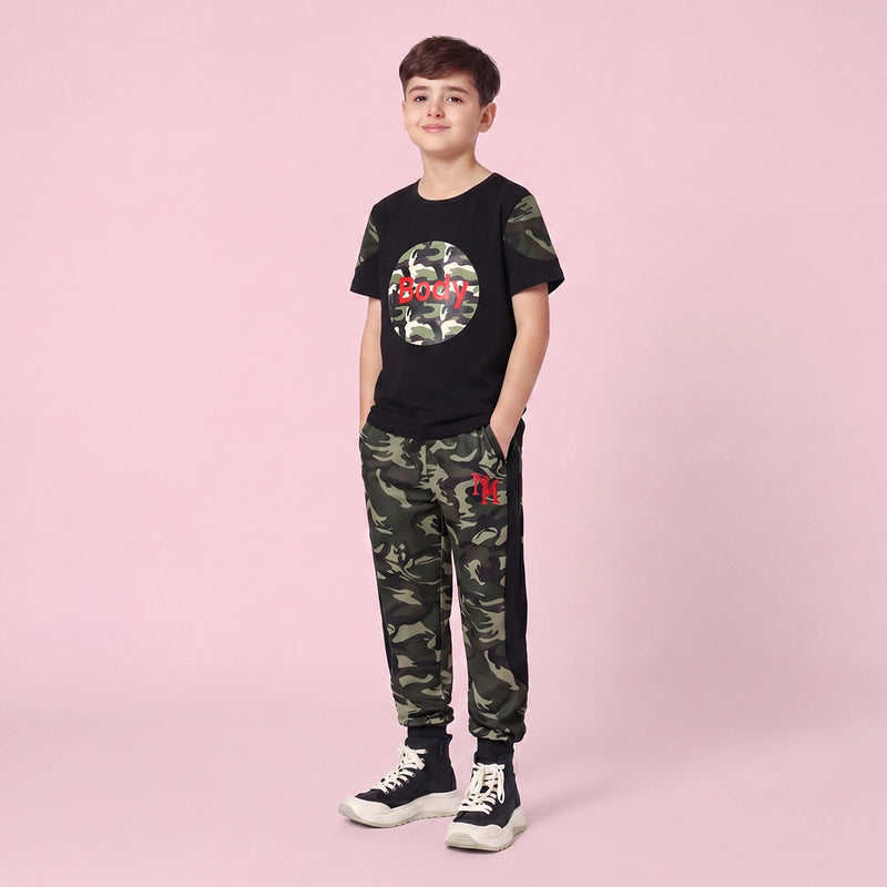 Boys Black Camouflage Print Short Sleeve T-Shirt With Pants Sets 2 pc. Sets Black 3-4 Y