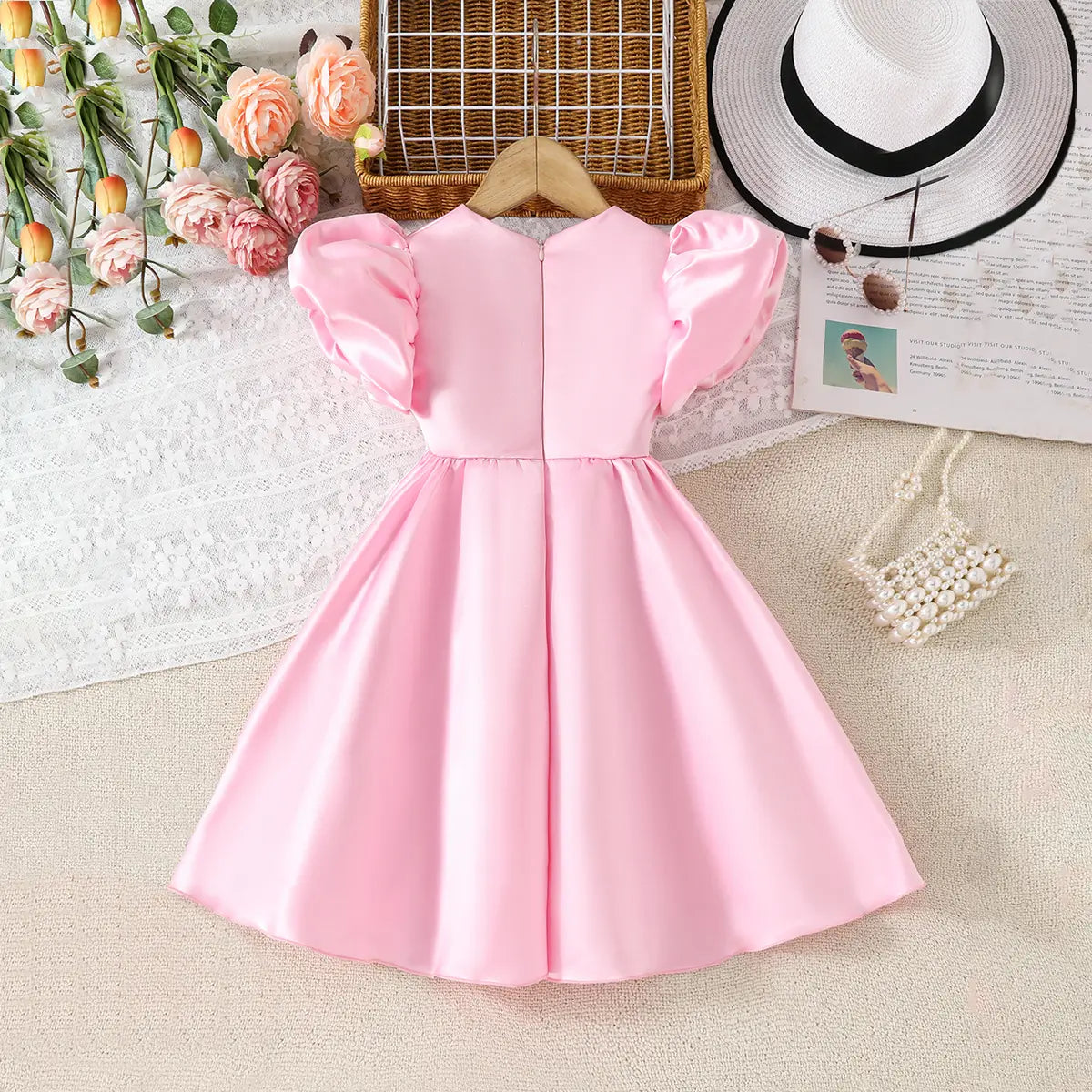 Girls Pink 3D Flower Applique Fit & Flare Party Wear Dress Party Dresses