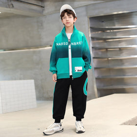 Boys Green Printed Front Open Sweatshirt With Pants Sets 2 pc. Sets