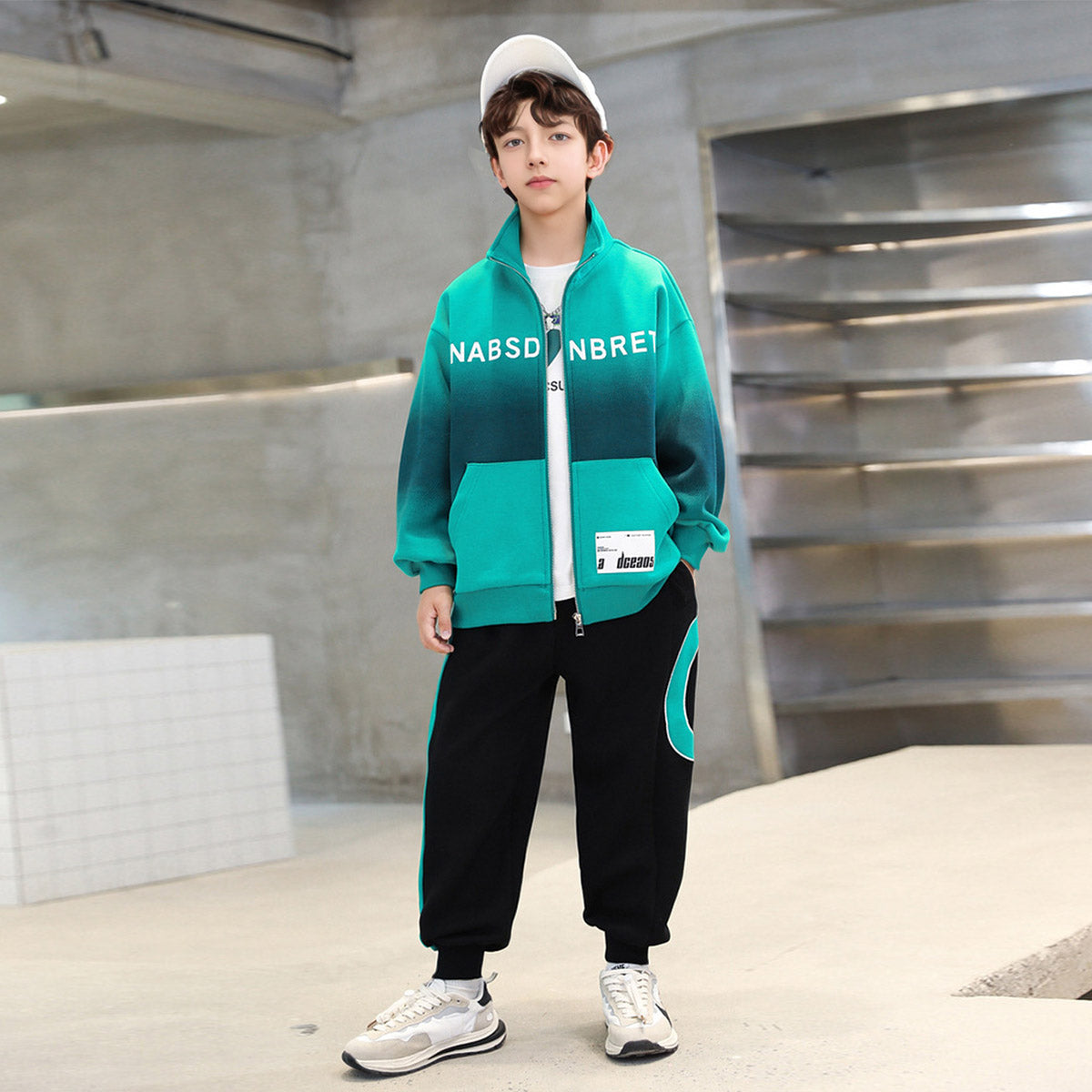 Boys Green Printed Front Open Sweatshirt With Pants Sets 2 pc. Sets
