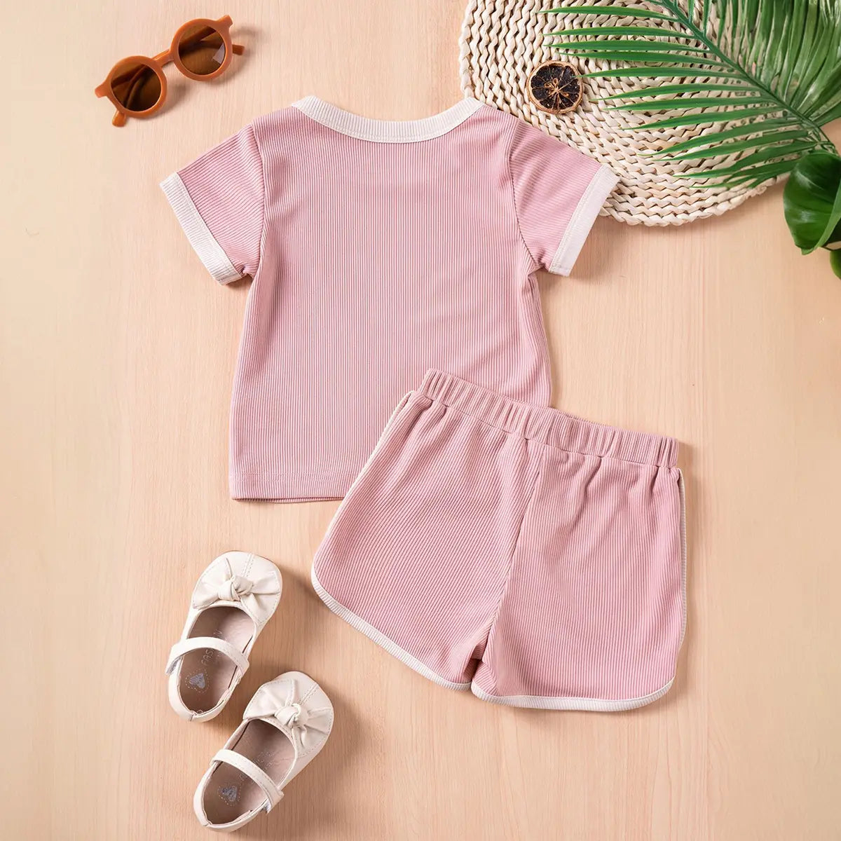 Girls Pink Ribbed Contrast Trims T-Shirt & Shorts Co-ord Sets Sets