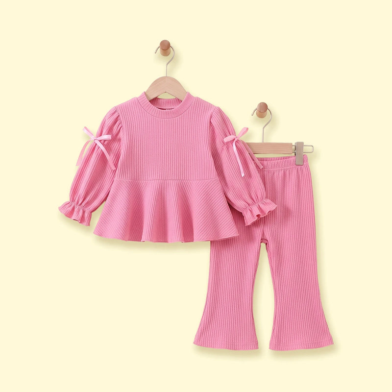 Girls Pink Ribbed Puff Sleeve Top & Flared Pants Co-ord Sets Sets Pink 1-2 Y