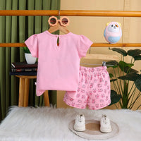 Girls Pink Animal Graphic Short Sleeve Top With Elasticated Shorts Sets Sets