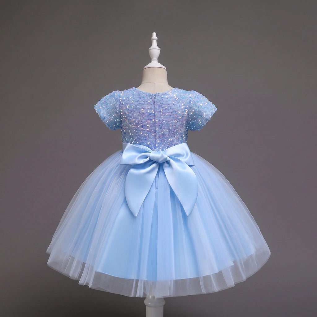 Girls Sky Blue Puff Sleeve Sequins Embellished Fit & Flare Party Wear Dress Party Dresses