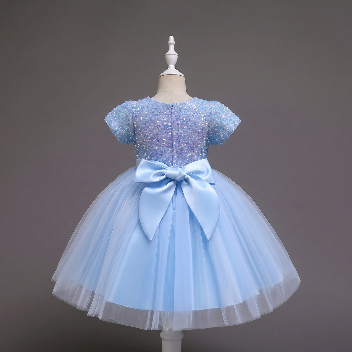 Girls Sky Blue Puff Sleeve Sequins Embellished Fit & Flare Party Wear Dress Party Dresses
