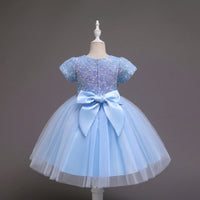Girls Sky Blue Puff Sleeve Sequins Embellished Fit & Flare Party Wear Dress Party Dresses