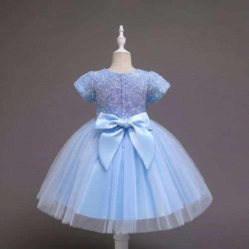 Girls Sky Blue Puff Sleeve Sequins Embellished Fit & Flare Party Wear Dress Party Dresses