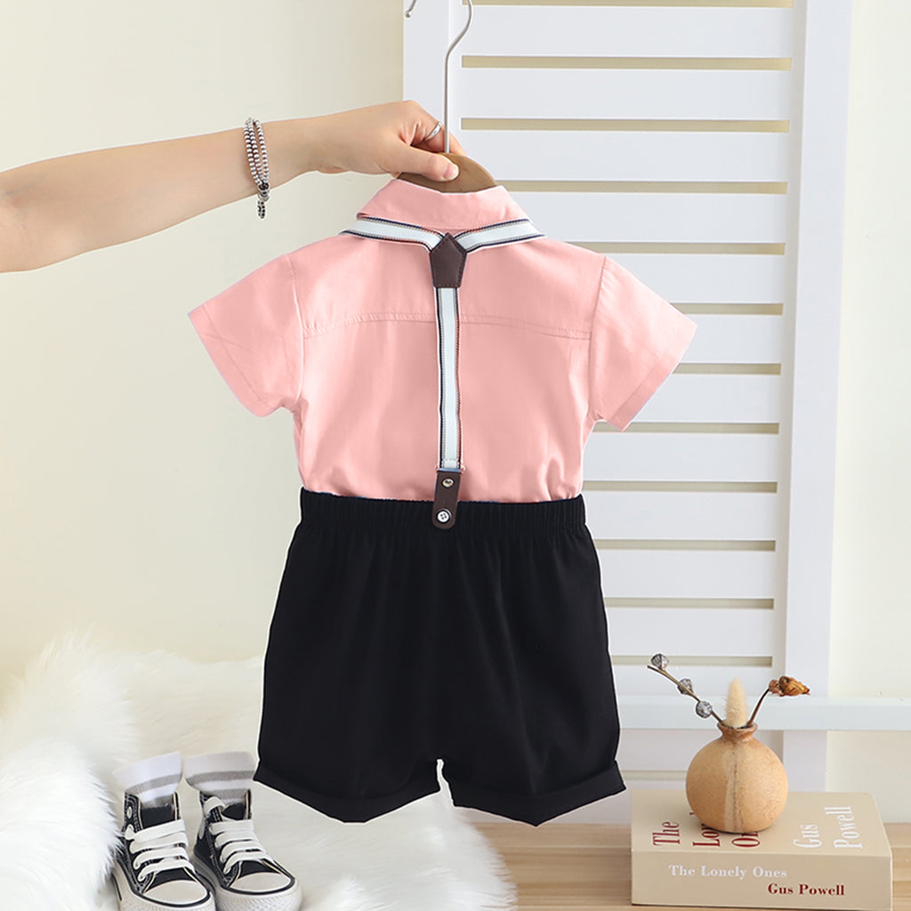 Boys Pink Short Sleeves Shirt With Neck tie And Suspenders Shorts Set Sets