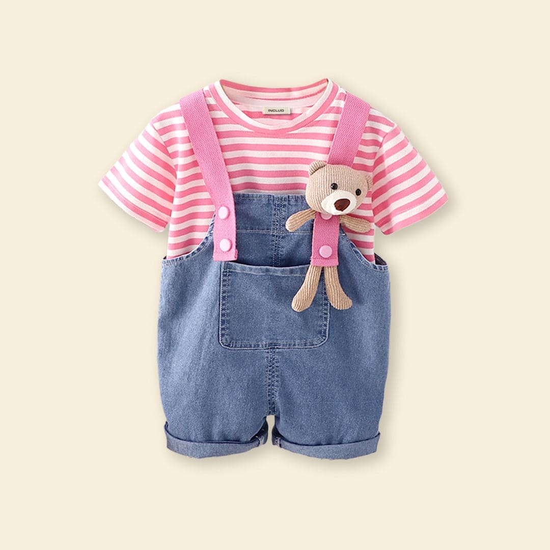 Girls Pink Striped T-shirt with Denim Dungaree Set Sets   