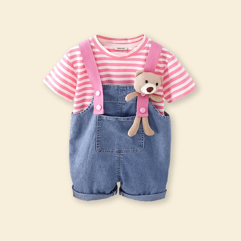 Girls Pink Striped T-shirt with Denim Dungaree Set Sets   