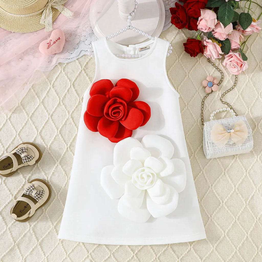 Girls White Sleeveless A-line Dress With Large 3D Flowers Applique Casual Dresses White 2-3 Y
