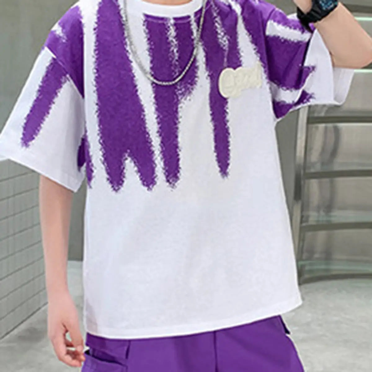Boys Purple Abstract Print Oversized T-Shirt With Shorts Sets Sets