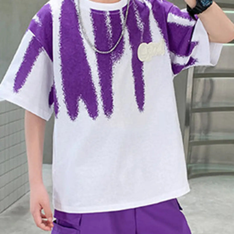 Boys Purple Abstract Print Oversized T-Shirt With Shorts Sets Sets