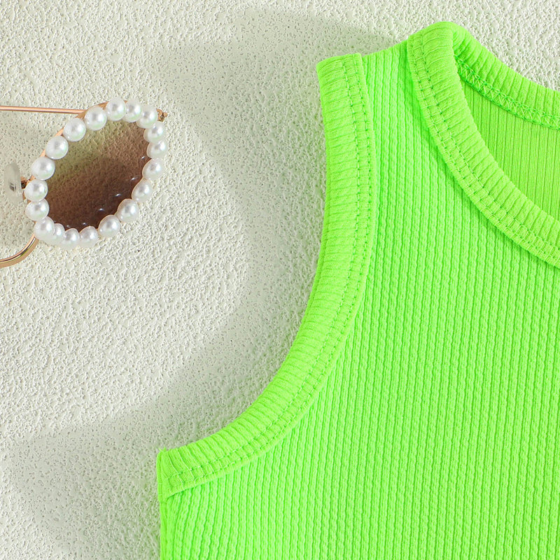 Girls Neon Green Sleeveless Crop Top With Flared Skirt Set 2 pc. Sets