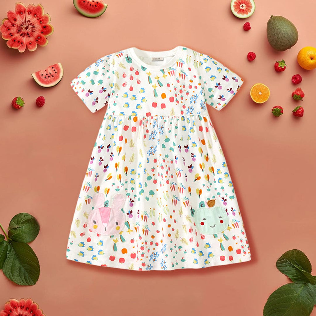 Girls Printed Cartoon Applique A-line Dress Casual Dresses White 1-2 Y 