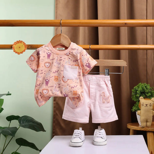 Boys Peach Animal Printed T-Shirt With Elasticated Shorts Sets 2 pc. Sets Peach 0-3 M
