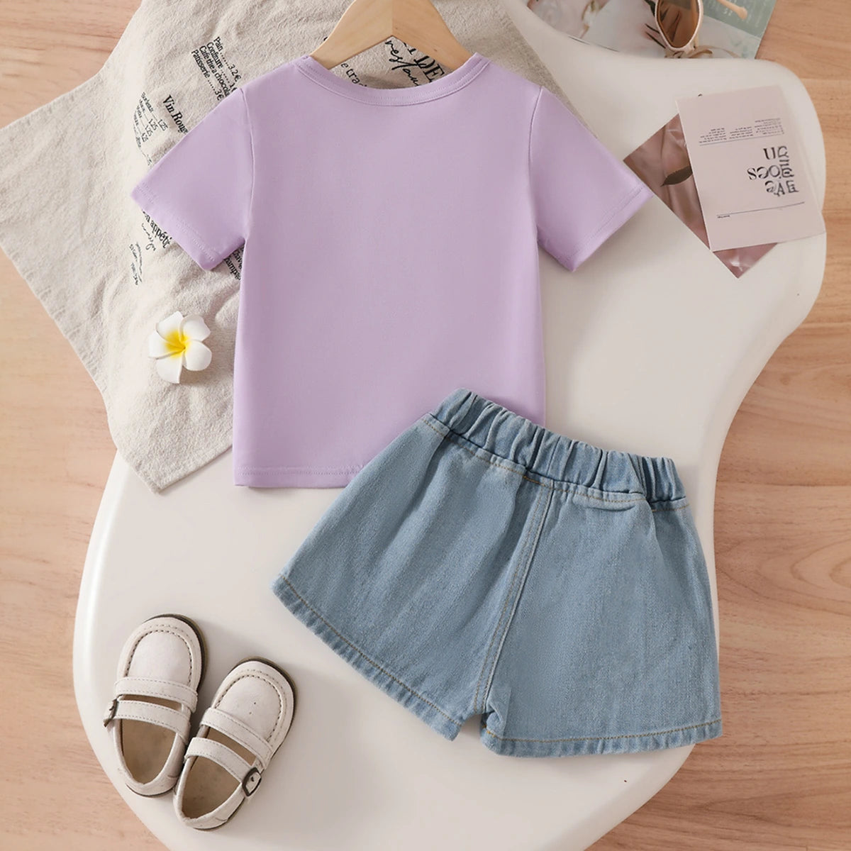 Girls Purple Flowers Applique T-Shirt With Embroidered Denim Shorts Set Sets