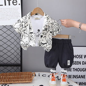 Boys Dark Grey Graffiti Printed Short Sleeves Shirt With Inner Tee And Shorts Set 3 pc. Sets Dark Grey 1-2 Y